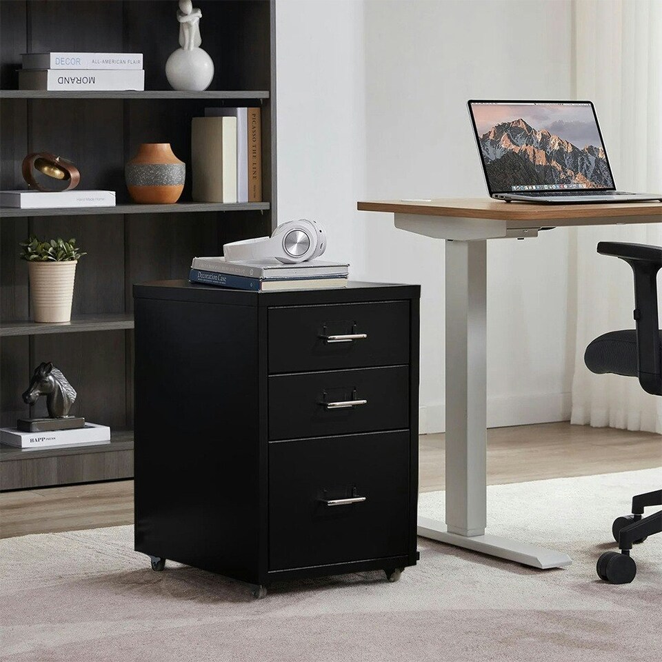image 1 of Living and Home Vertical File Cabinet with Wheels - Black