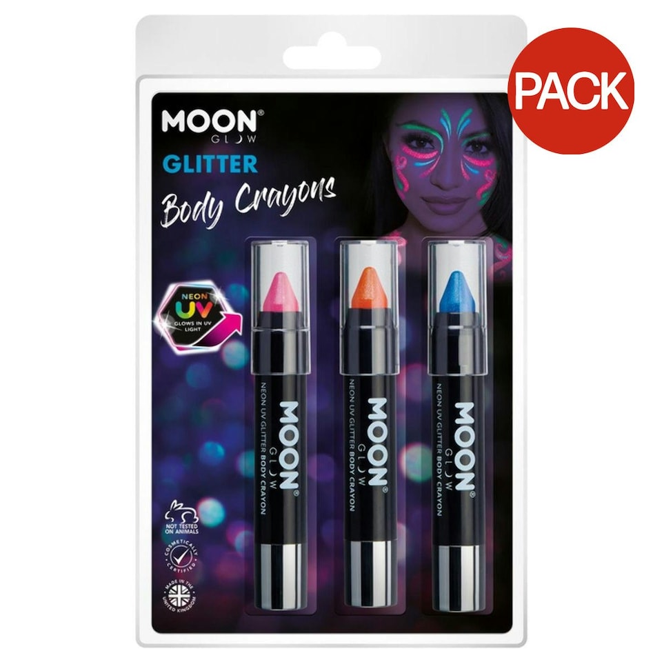 image 1 of Moon Glow Glitter Neon UV Body Crayons (Pack of 3) - Pink/Orange/Blue - One Size