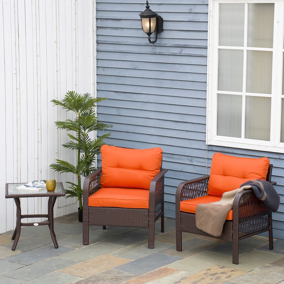 image 1 of Outsunny 3 Pieces Rattan Bistro Set with Tempered Glass Table Orange