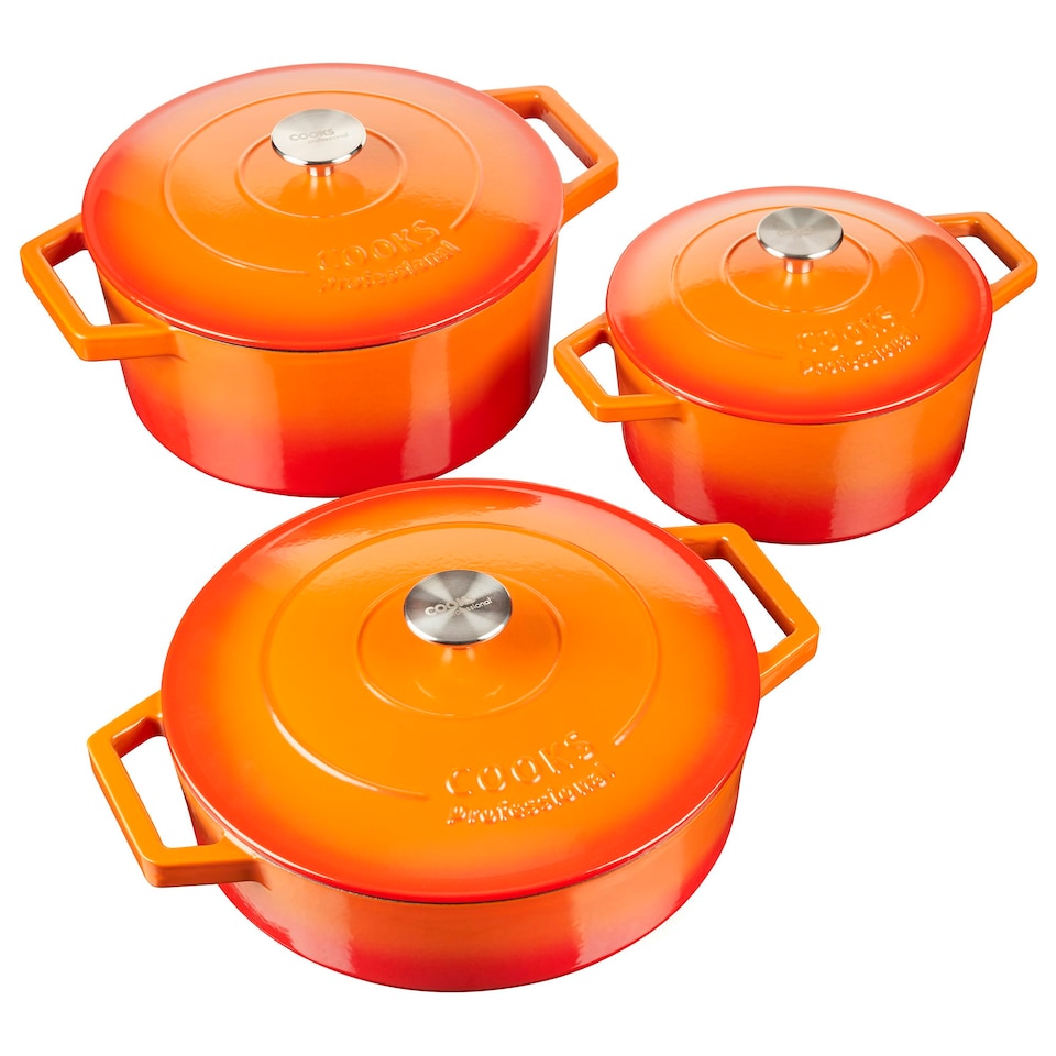 image 1 of Cooks Professional Cast Iron Casserole Set of 3 | 20cm, 26cm and 28cm | Enamelled Inside and Out | Graduated Orange