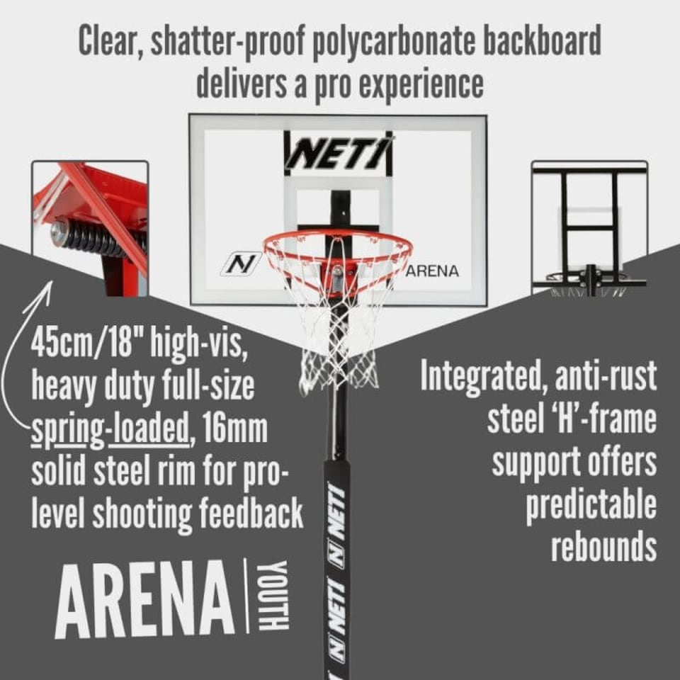 image 1 of NET1 Arena Basketball Hoop – Telescopic 2.28 to 3.05 m, Pro-Style Polycarbonate Backboard 107 x 68.5 cm, 38 L Wheeled Base | Multi | BLACK | 27.0KILOGRAMS