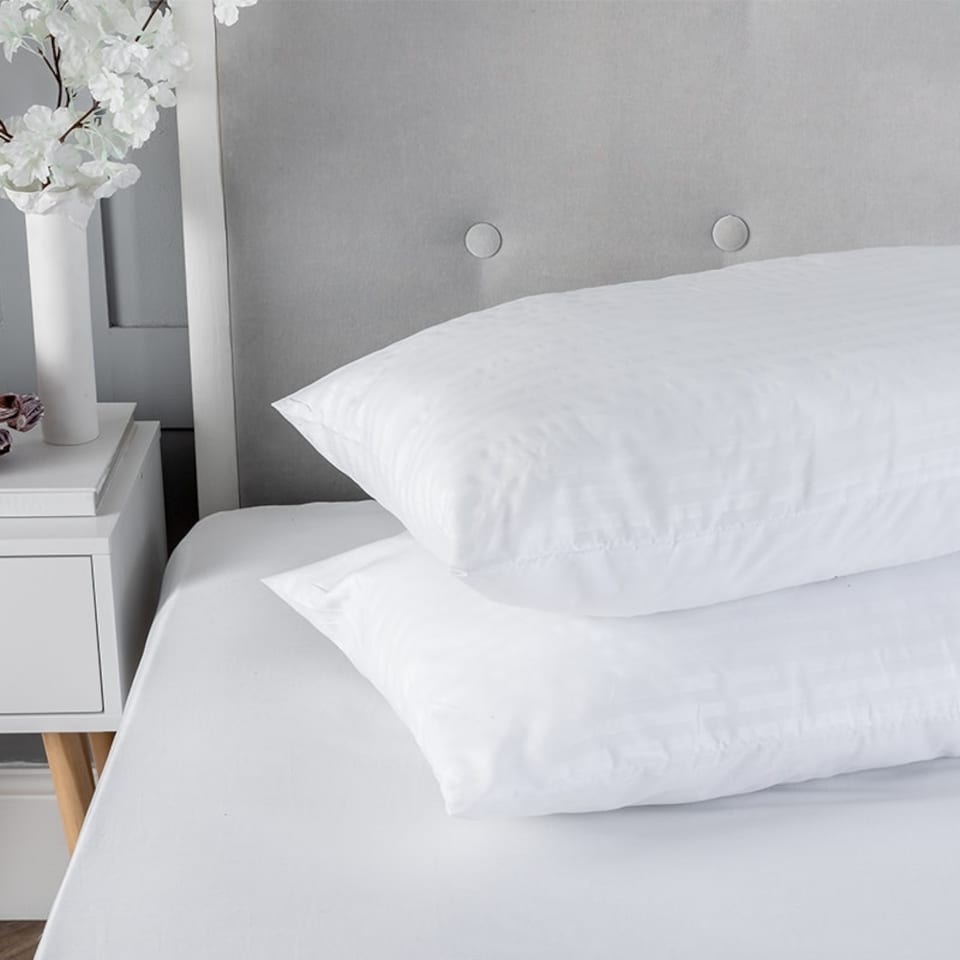 image 1 of Satin Stripe Pillow Pair Soft Microfibre Cover Hollowfibre Filling Non Allergenic | White