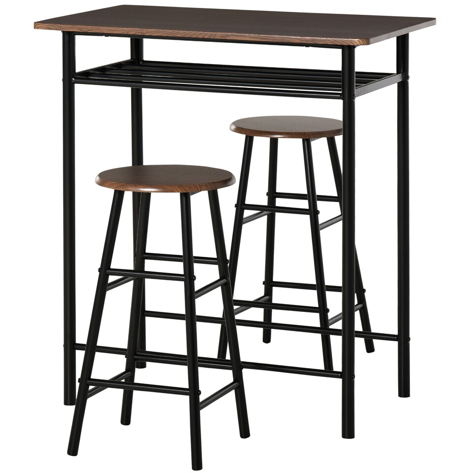 image 1 of HOMCOM Bar Table Set, Bar Table and Stools Set, Footrest and Storage Shelf, for Kitchen, Dining Room, Pub, Cafe, Black and Oak