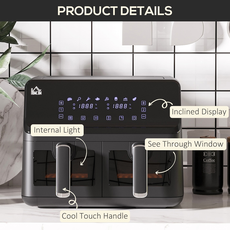 image 1 of HOMCOM 8L Dual Basket Air Fryer, 8-in-1 Air Fryer Oven with Digital Display, Visible, Timer, Preheat for Oil Free Low Fat Cooking, 2500W, Sync Finish, Sliver