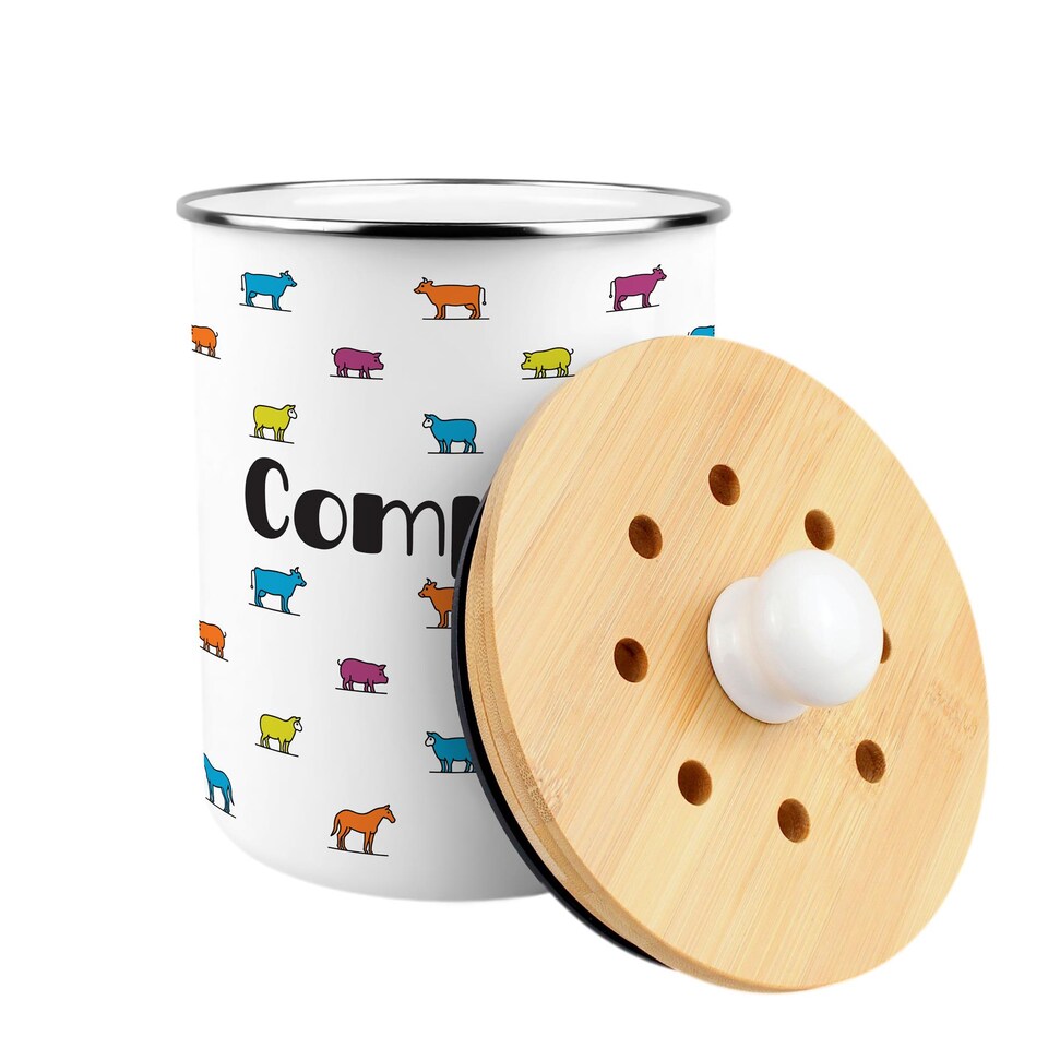 image 1 of Colourful Farm Animals Compost Caddy - Metal 2L Decorative Kitchen Food Waste Bin