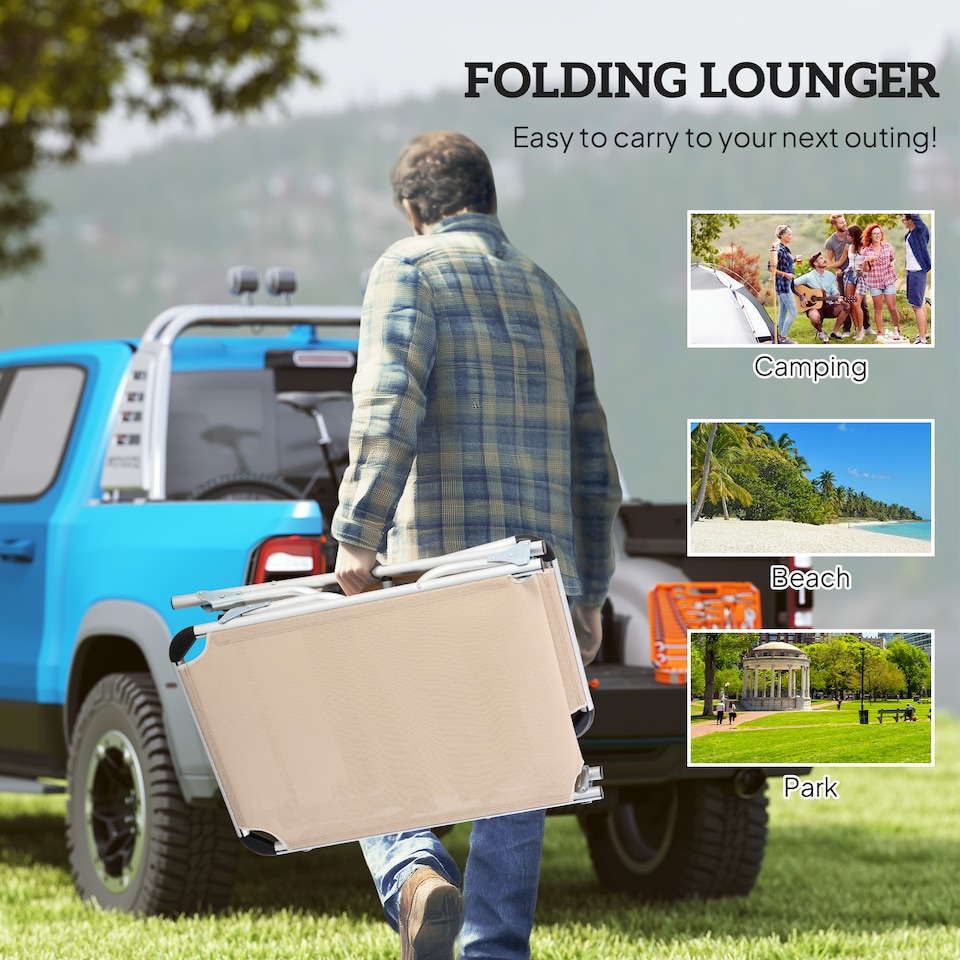image 1 of Outsunny Foldable Outdoor Sun Lounger, Reclining Lounge Chair Camping Bed Cot with Pillow 4-Level Adjustable Back Aluminium Frame, Khaki