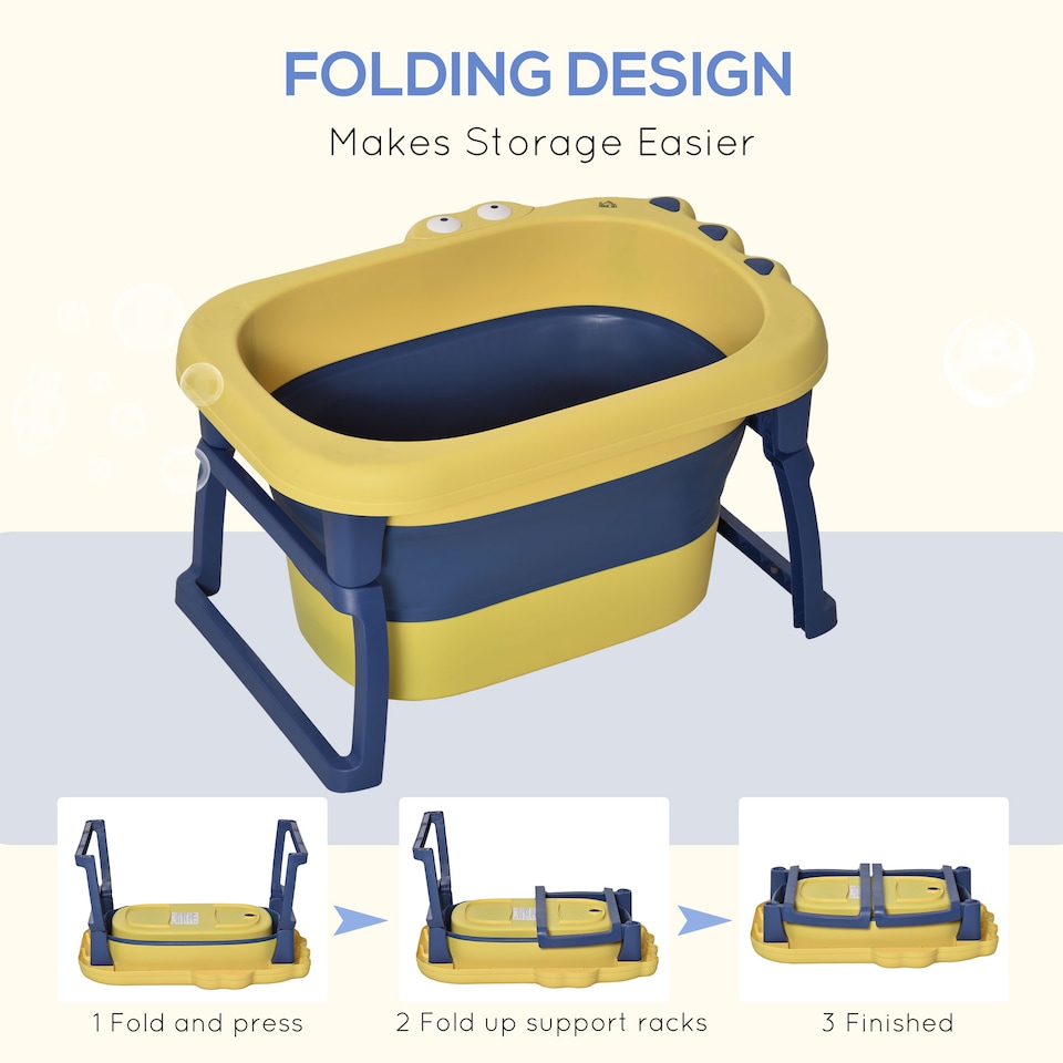 image 1 of HOMCOM Foldable Baby Bathtub for Newborns Infants Toddlers w/ Stool - Yellow