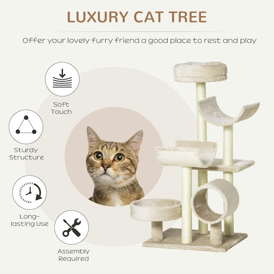 image 1 of PawHut Cat Tree Activity Center Scratching Post Perch Tunnel 105cm Beige