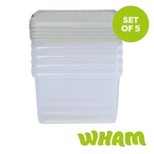 Wham Clip 5x 25.5L Square Plastic Storage Boxes with Clip Lock Lids. Ideal for Home, Office, Toys & More - Clear/Stone | Cream | Stone | 5