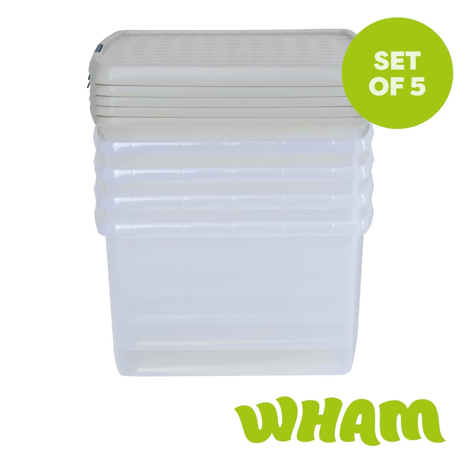 image 1 of Wham Clip 5x 25.5L Square Plastic Storage Boxes with Clip Lock Lids. Ideal for Home, Office, Toys & More - Clear/Stone | Cream | Stone | 5