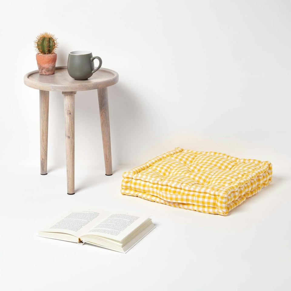 image 1 of Homescapes Cotton Gingham Check Yellow Floor Cushion - 40 x 40 cm | Yellow | 40 x 40 cm