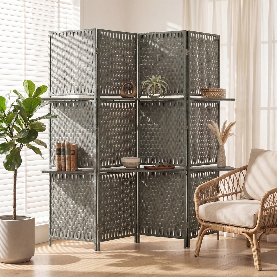 image 1 of HOMCOM 4-Panel Folding Room Divider with Shelves