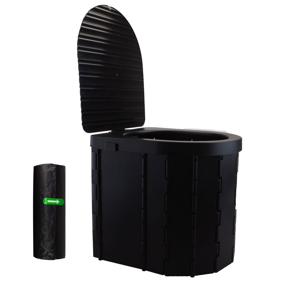 image 1 of vfm-estore Camping Folding Portable Toilet with Lid Black - Collapsible D-Shaped Seat