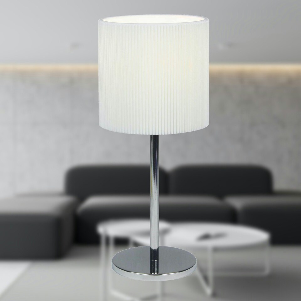 image 1 of First Choice Lighting Chrome Stick Table Lamp with White Micropleat Shade Chrome | White