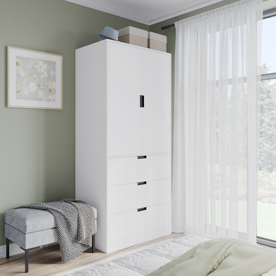 image 1 of 2 Door 3 Drawer Wardrobe with Hanging Rail - Modern Bedroom Storage Furniture | White | White with White Doors | 1