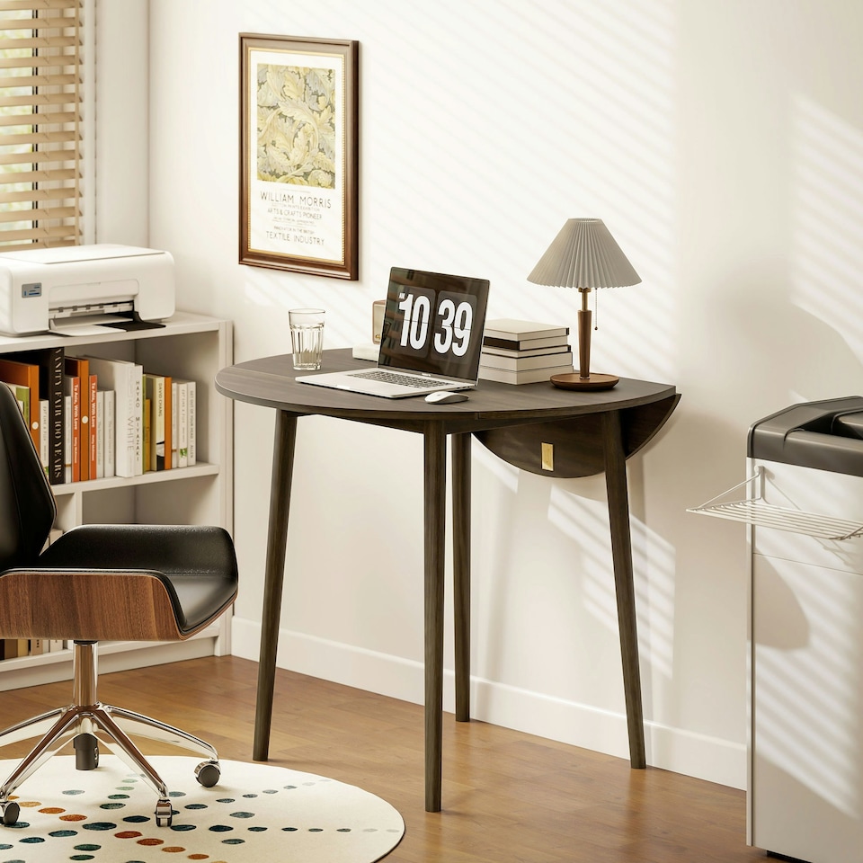 image 1 of HOMCOM Foldable Dining Table, Round Drop Leaf Table, Wood Legs, Grey