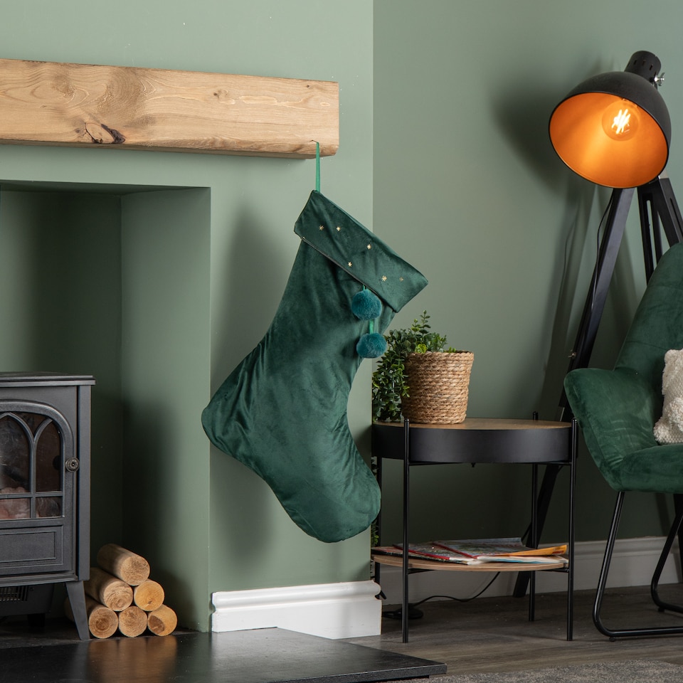 image 1 of 70cm Hanging Dark Green Velour Star Print Christmas Stocking with Pom Poms