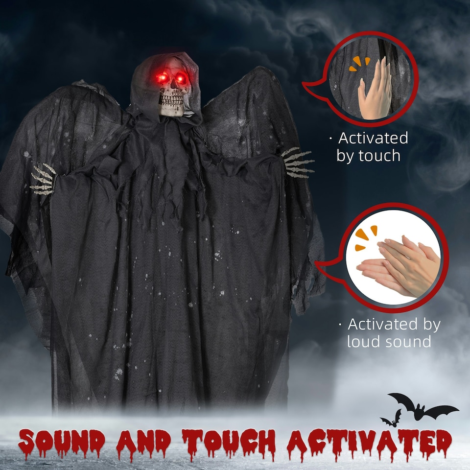 image 1 of HOMCOM Winged Grim Reaper Animatronic Prop w/ Light Up Eyes, for Haunted House