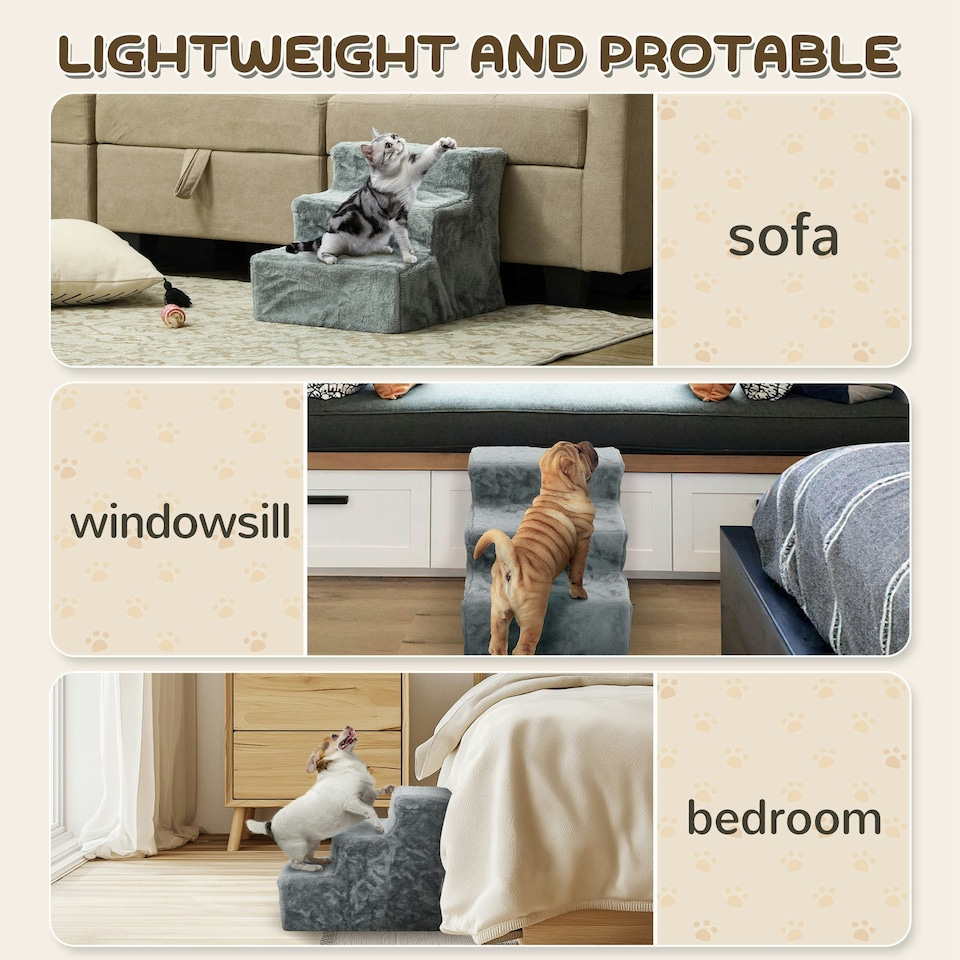 image 1 of PawHut Three-Step Portable Dog Stairs with Washable Plush Cover, for Small Pets