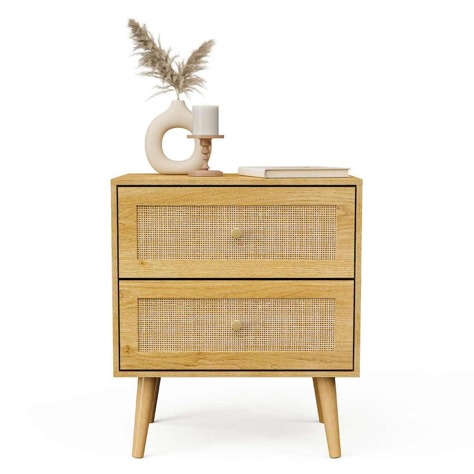 image 1 of VonHaus Rattan 2 Drawer Bedside Table