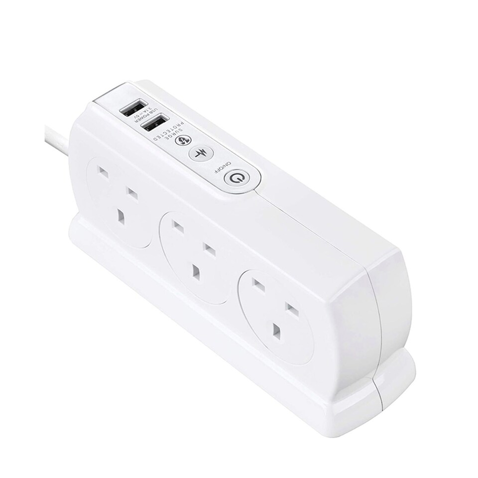 image 1 of Masterplug 6 Socket Surge Protected Extension Lead 2 Metre with USB Ports Switched Power Strip White
