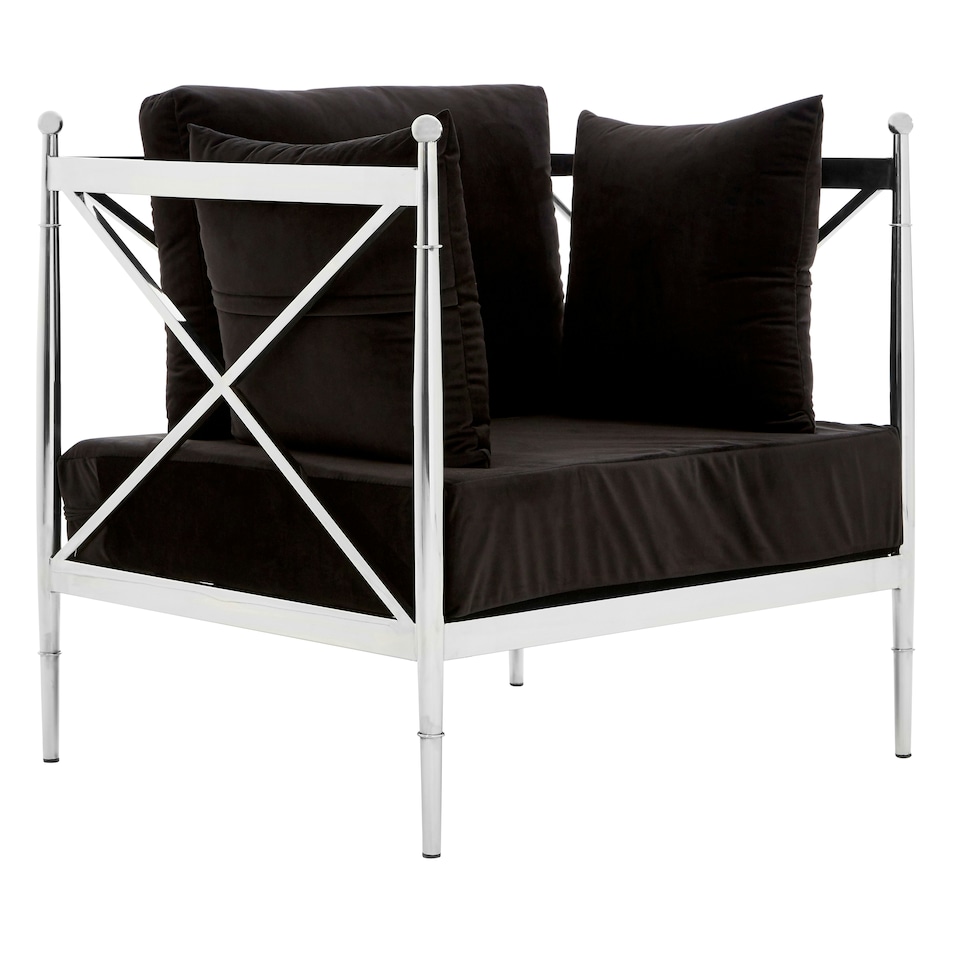 image 1 of Luxurious Chair With Silver Lattice Arms, Black Velvet Upholstered Arm Chair For Bedroom, Stylish Chair Silver