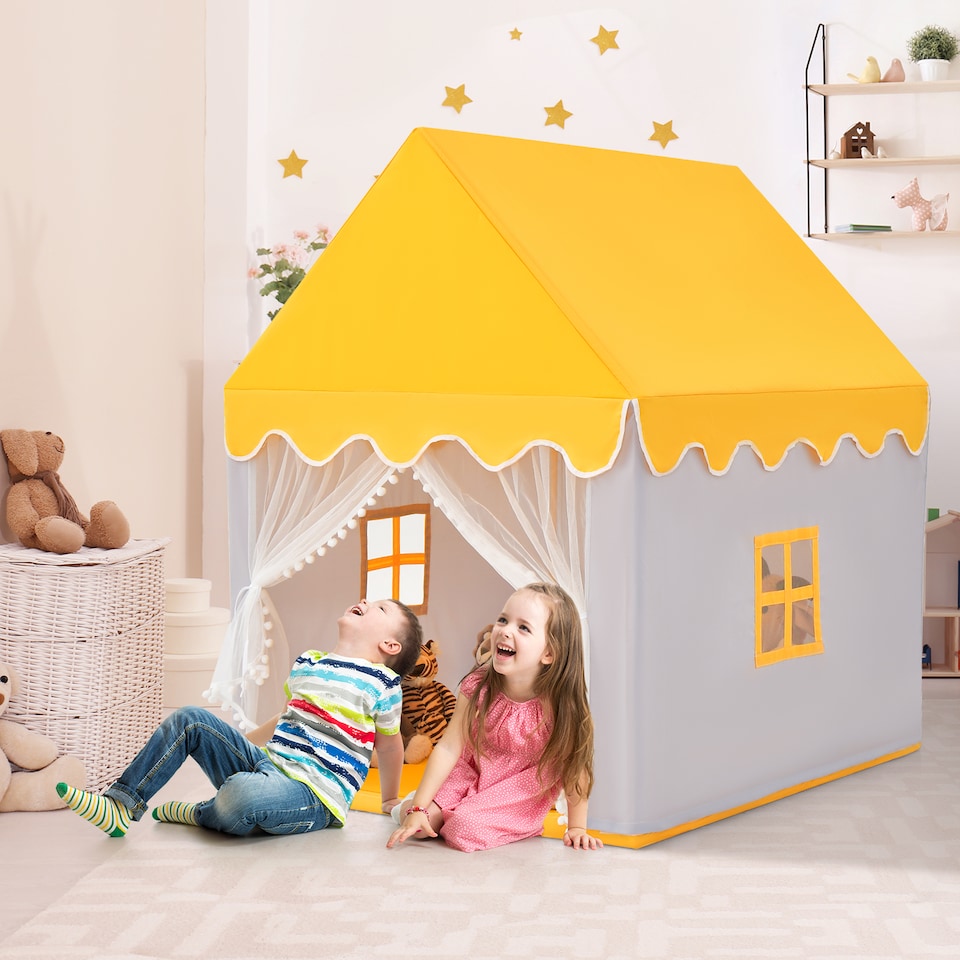 image 1 of COSTWAY Kids Play Tent Indoor Playhouse with Padded Mat-Yellow