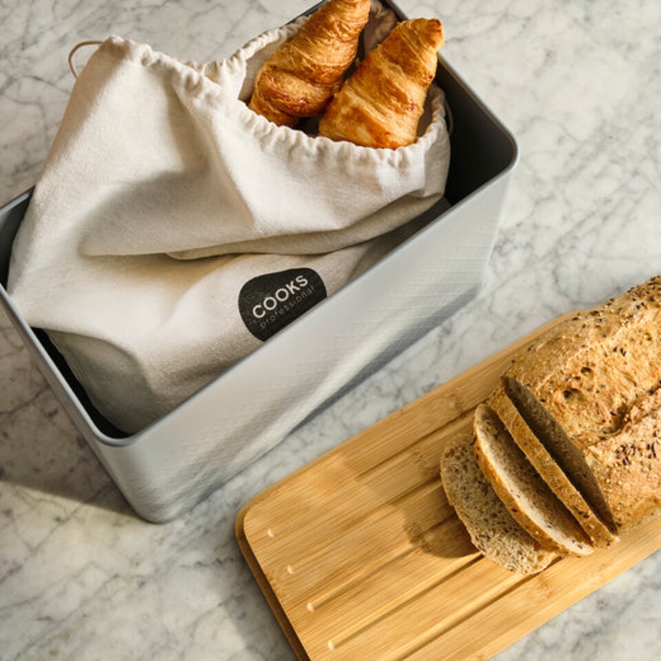 image 1 of Cooks Professional Diamond Pattern Bread Bin with Linen Bag & Bamboo Cutting Board Lid | Grey | Dark Grey | 1