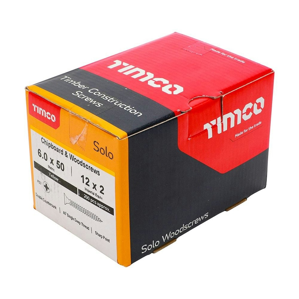 image 1 of Timco - Solo Chipboard & Woodscrews - PZ - Double Countersunk - Yellow (Size 6.0 x 50 - 200 Pieces)