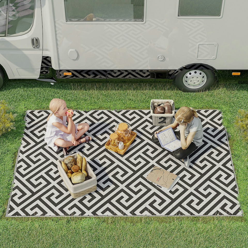 image 1 of Outsunny Reversible Outdoor Rug Plastic Straw RV Camping Mat for Garden Deck Picnic Black | Black