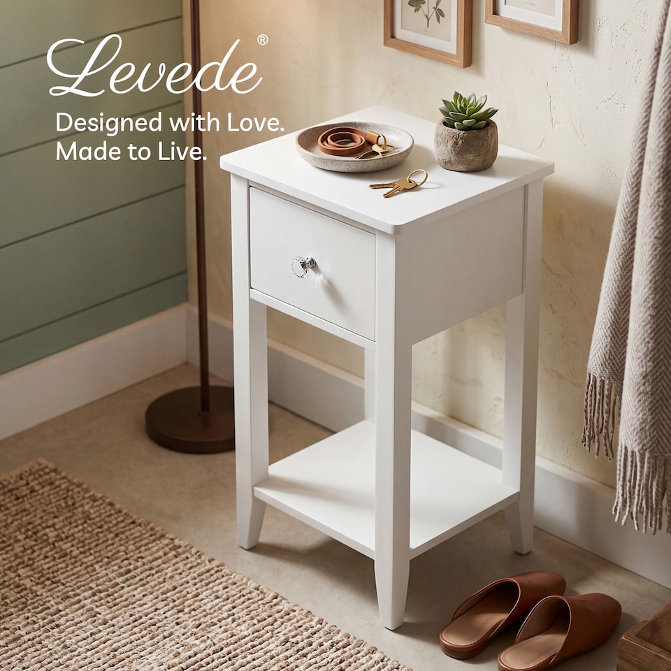 image 1 of Levede Bedside Table Narrow Modern End Table Drawer & Shelf Bedroom White