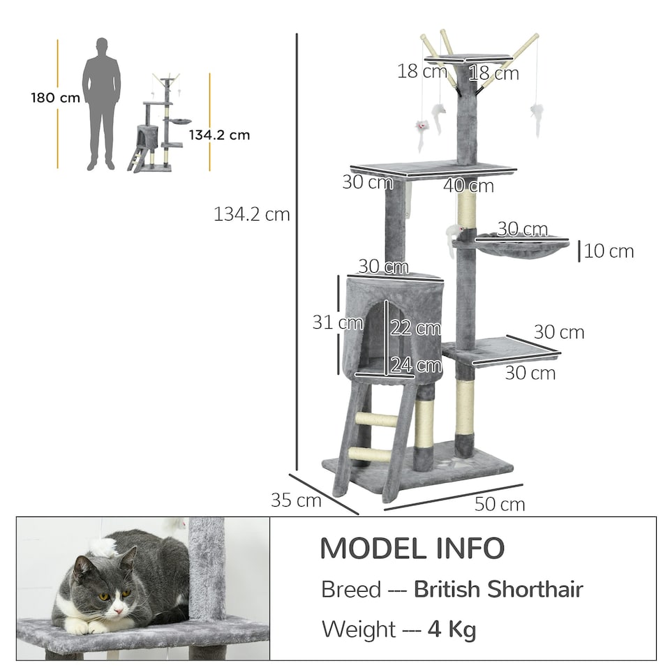 image 1 of PawHut Cat Tree for Indoor Cats, 135cm Scratching Post Climbing Tower, Grey