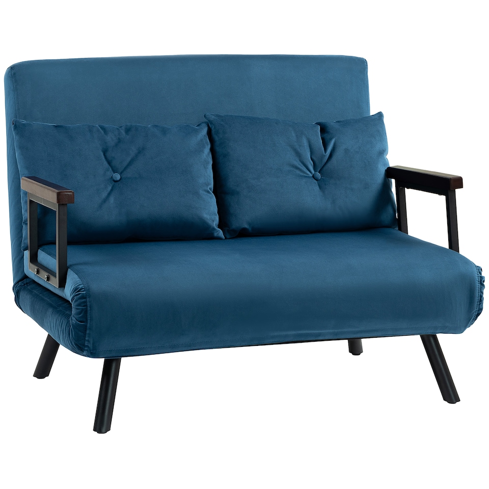 image 1 of HOMCOM 2 Seater Sofa Bed, Click Clack Convertible Bed Settee, Modern Velvet Feel Fabric Sofa Couch with 2 Tufted Cushions, Wood Armrests for Living Room, Bedroom, Guest Room, Navy Blue