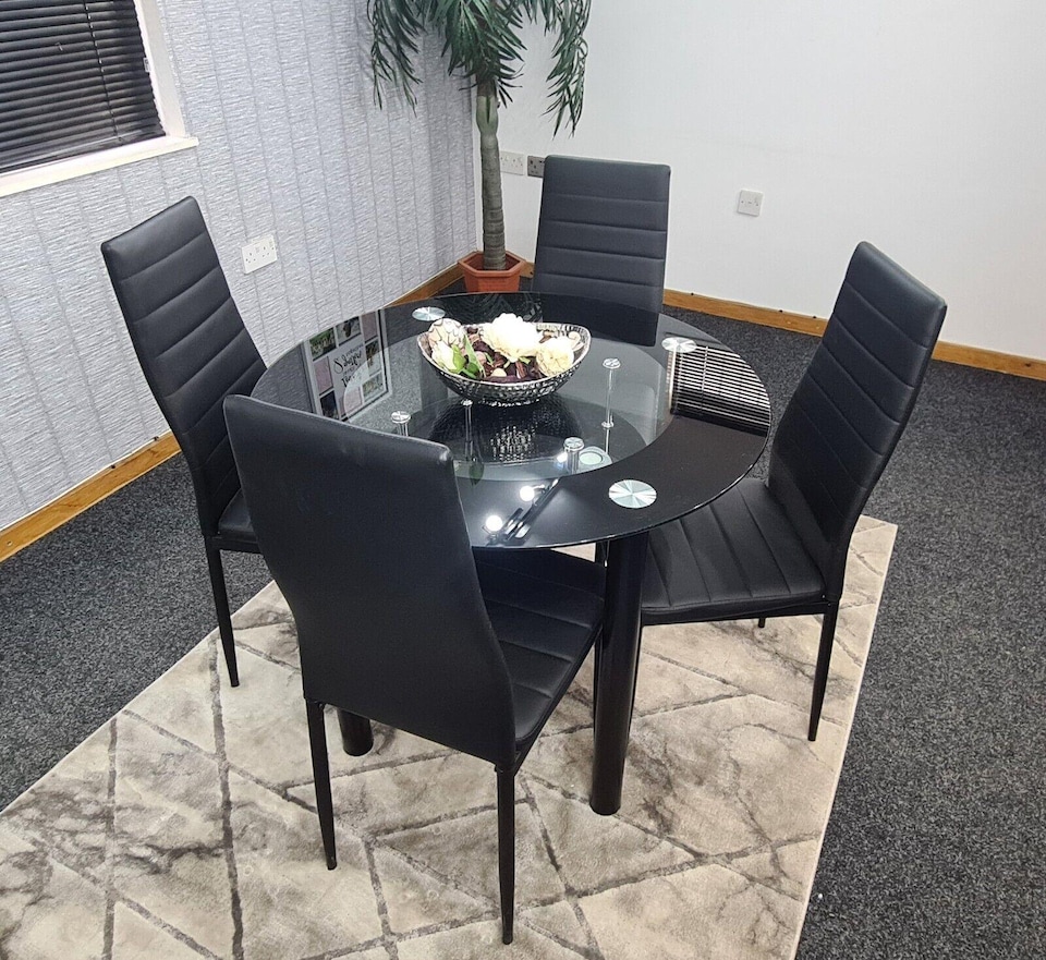 image 1 of Round Black Glass Dining Table with 4 Black Chairs Modern Dining Room Furniture Set | Black | One Size | 5