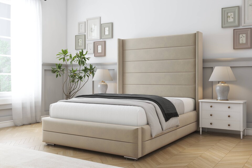image 1 of Sloomy Sterling Almond Coniston Bed Frame With Mattress With 50"  Upholstered Wingback Headboard 5' King
