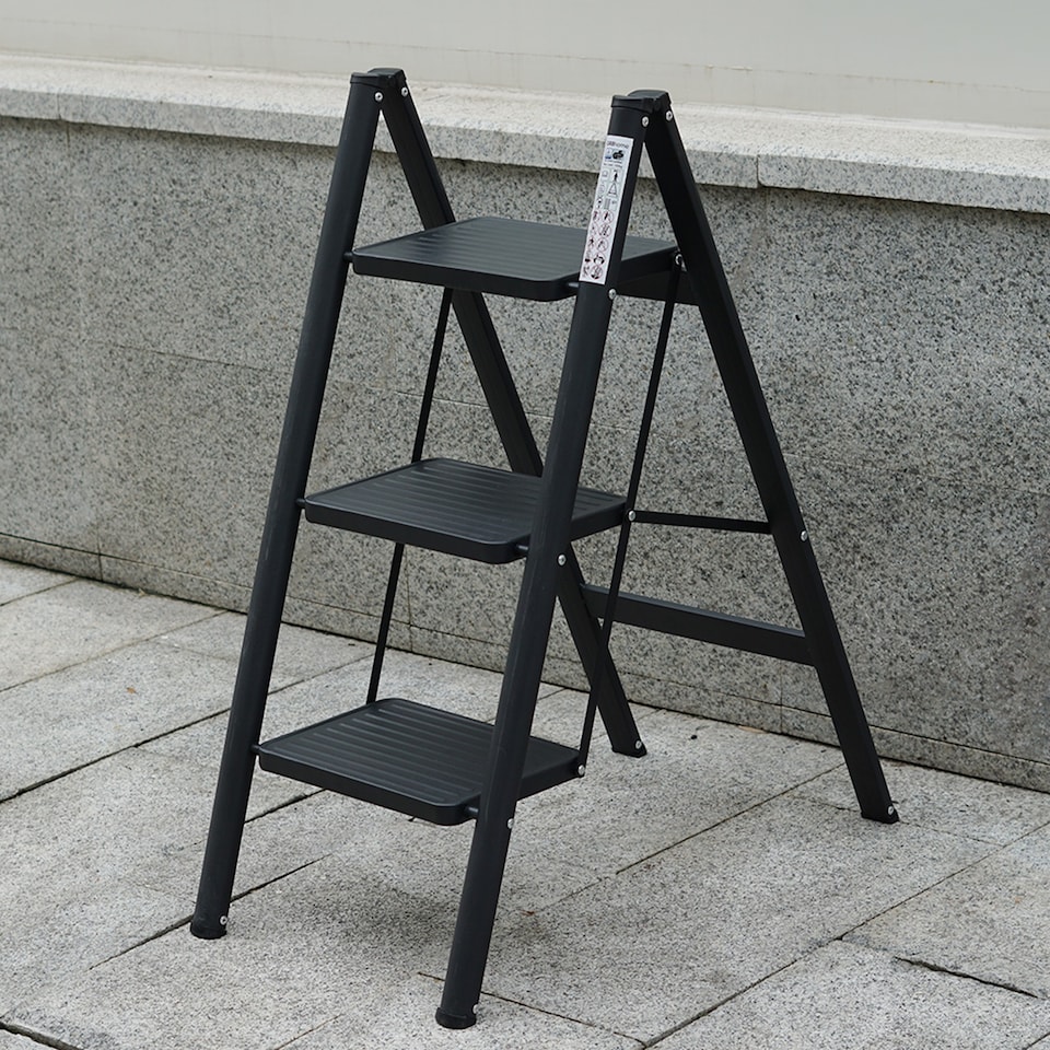 image 1 of Gr8 Home 3 Step Ladder Black Folding Stool Non Slip Heavy Duty Carbon Steel Lightweight