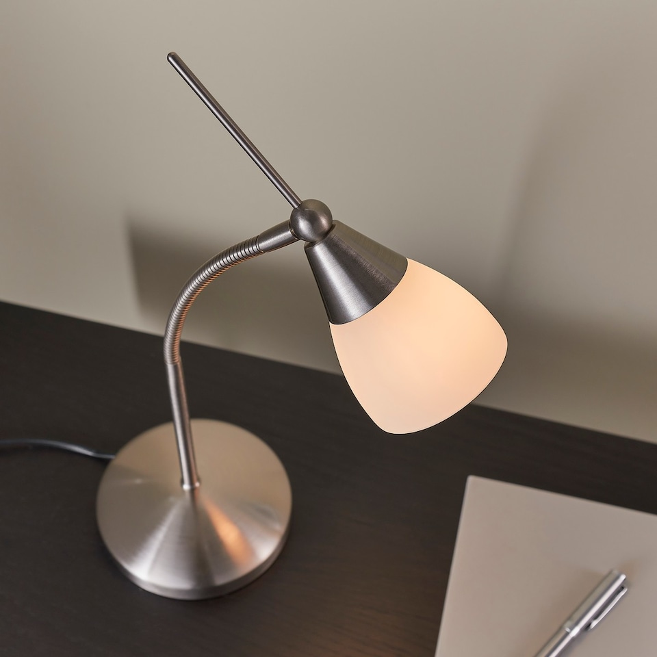 image 1 of Range Table Lamp Satin Chrome, White Glass, G9