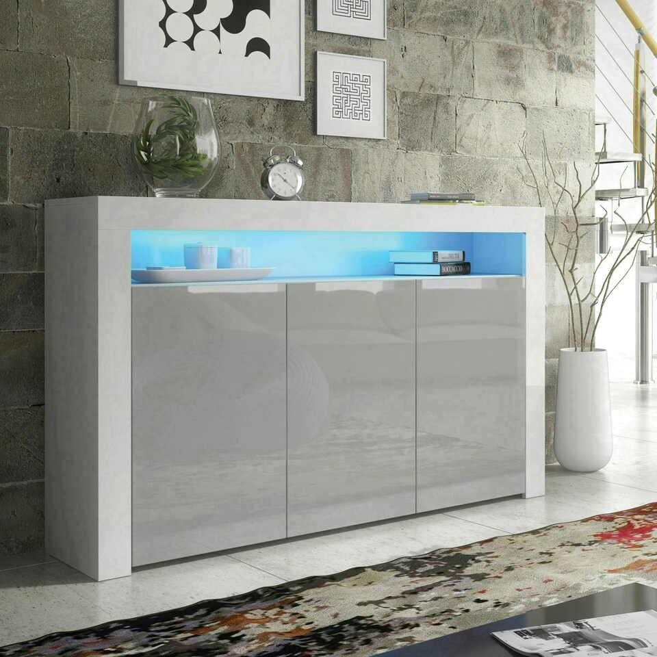 image 1 of Sideboard 155cm Grey Gloss Doors White Matt Body Free LED Shelf | White | Grey