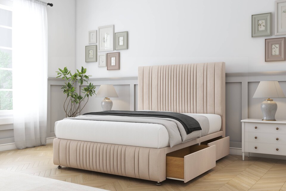 image 1 of Sloomy Kingsley Sand Naples Divan Bed Base 2 Drawers Left Side With 26 Inch Strutted Headboard & 12 Inch Matching Footboard | Cream | Sand | Super King | 1
