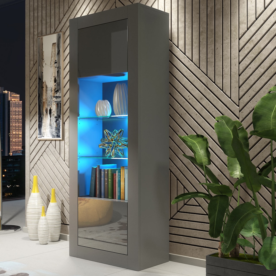 image 1 of Display Cabinet Bookcase Sideboard Storage Cabinet Cupboard Grey High Gloss LED 170cm