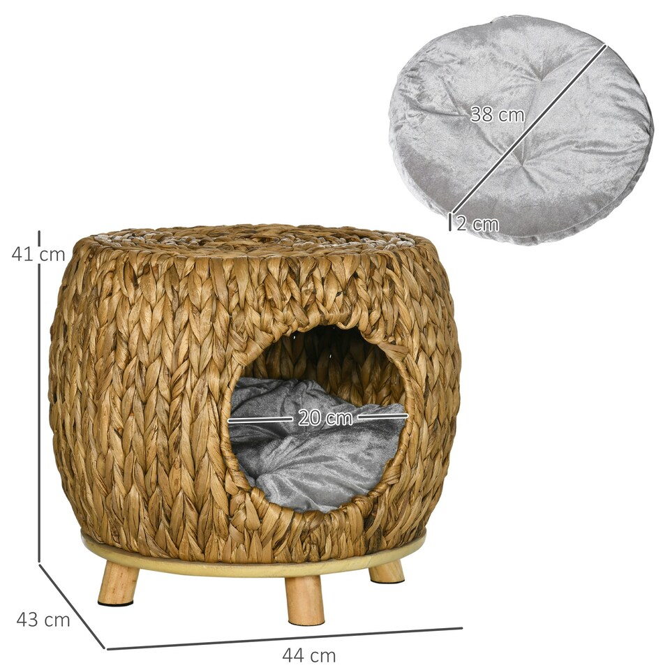 image 1 of PawHut Rattan Cat House Stool for Rest w/ Soft Cushion 44 x 43 x 41cm