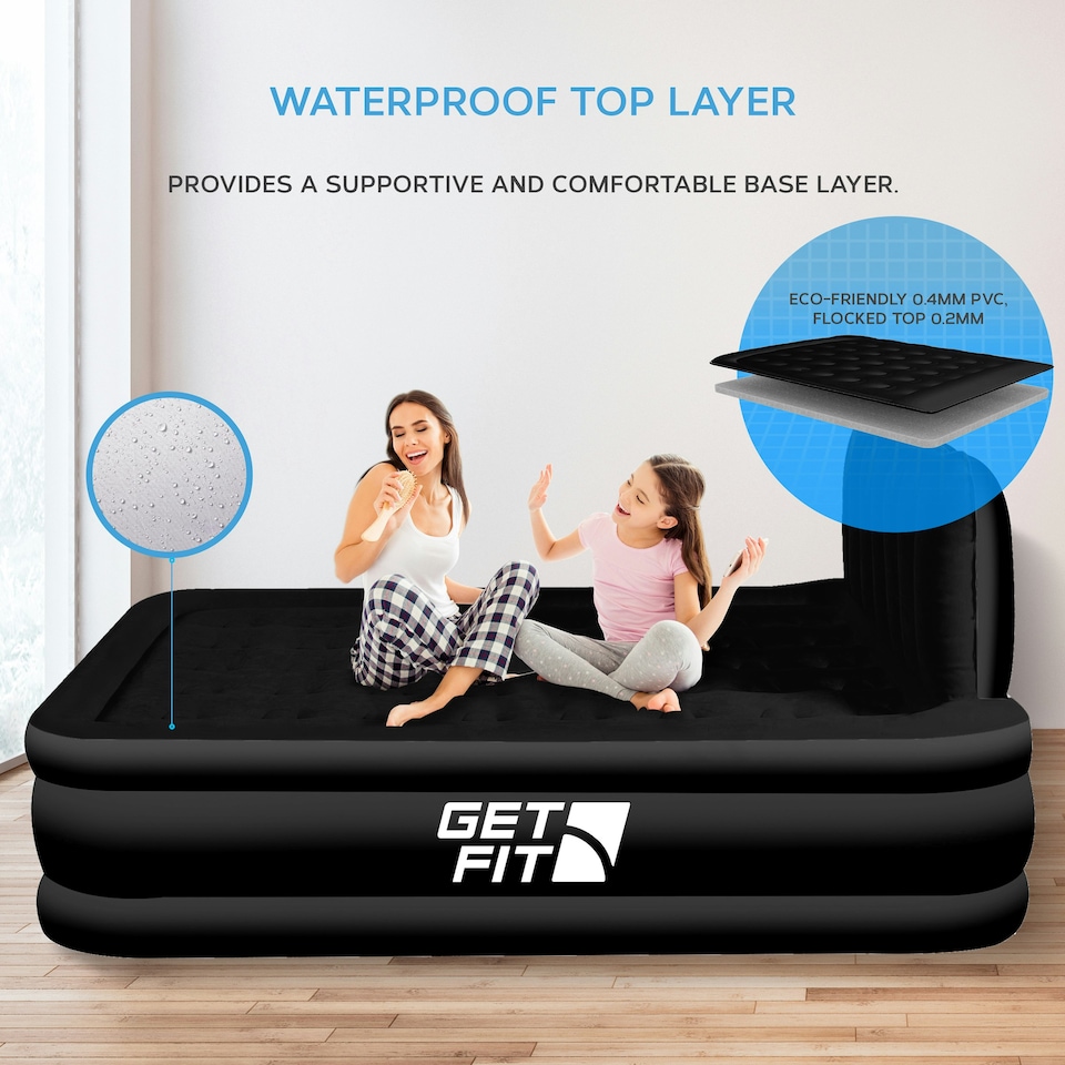 image 1 of Get Fit Air Bed With Built In Electric Pump - King Airbed Blow Up Bed With Headboard, 2 Free Inflatable Pillows - Elevated Inflatable Air Mattress - Black Mono