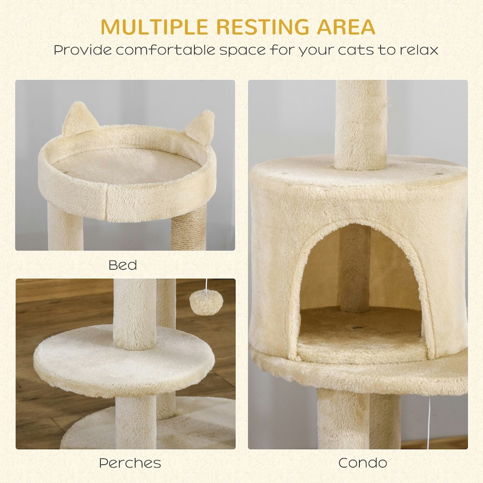 image 1 of PawHut 4 Tiers 104cm Cat Tree with Scratching Posts Perches, Cream