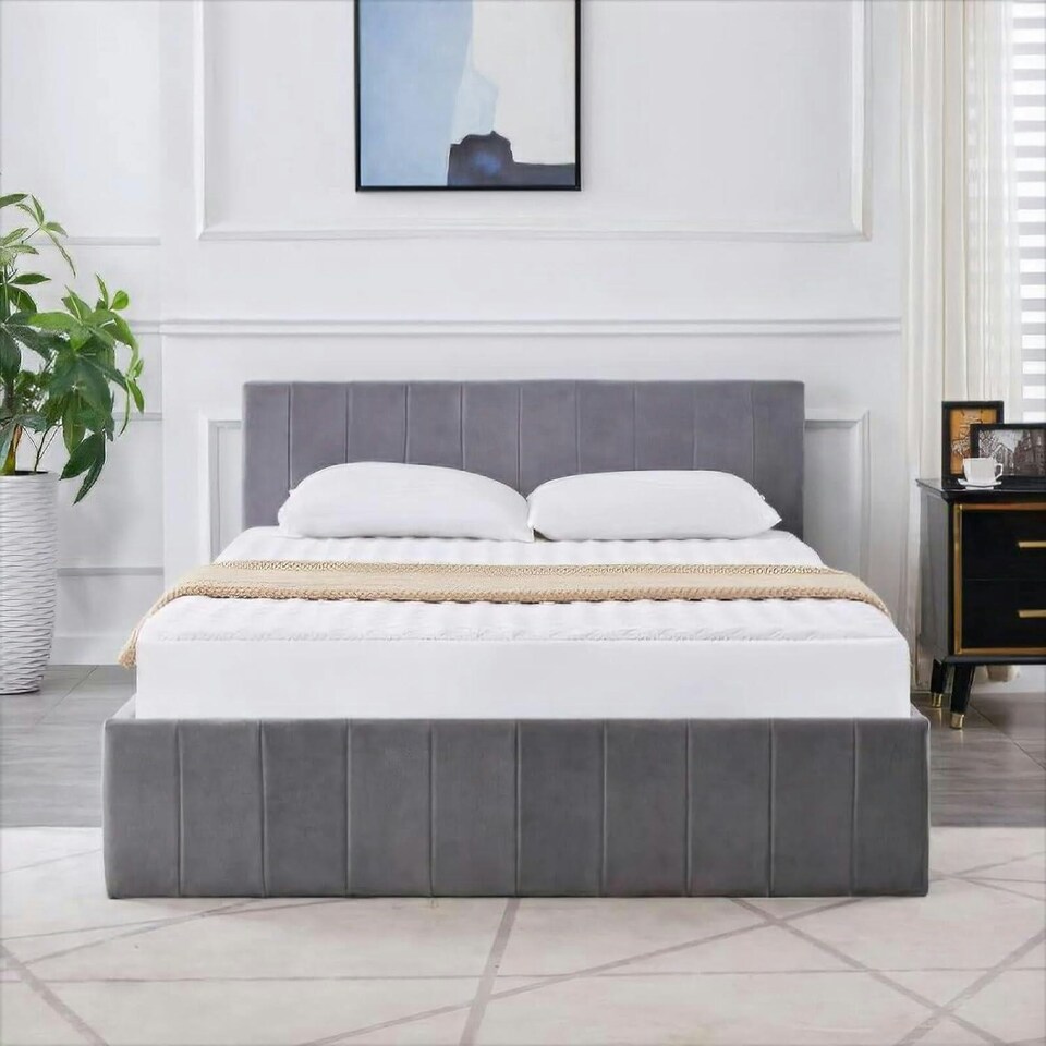 image 1 of Ottoman Storage Bed grey 3ft single and 1 mattress line pattern fabric velvet bedroom furniture
