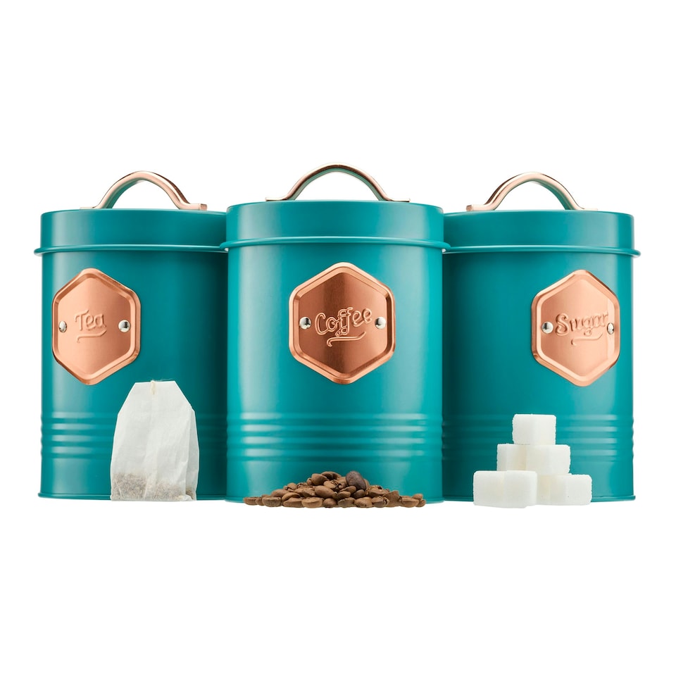image 1 of Cooks Professional 3-Piece Kitchen Storage Set | Tea Coffee Sugar Cannisters | Teal & Copper