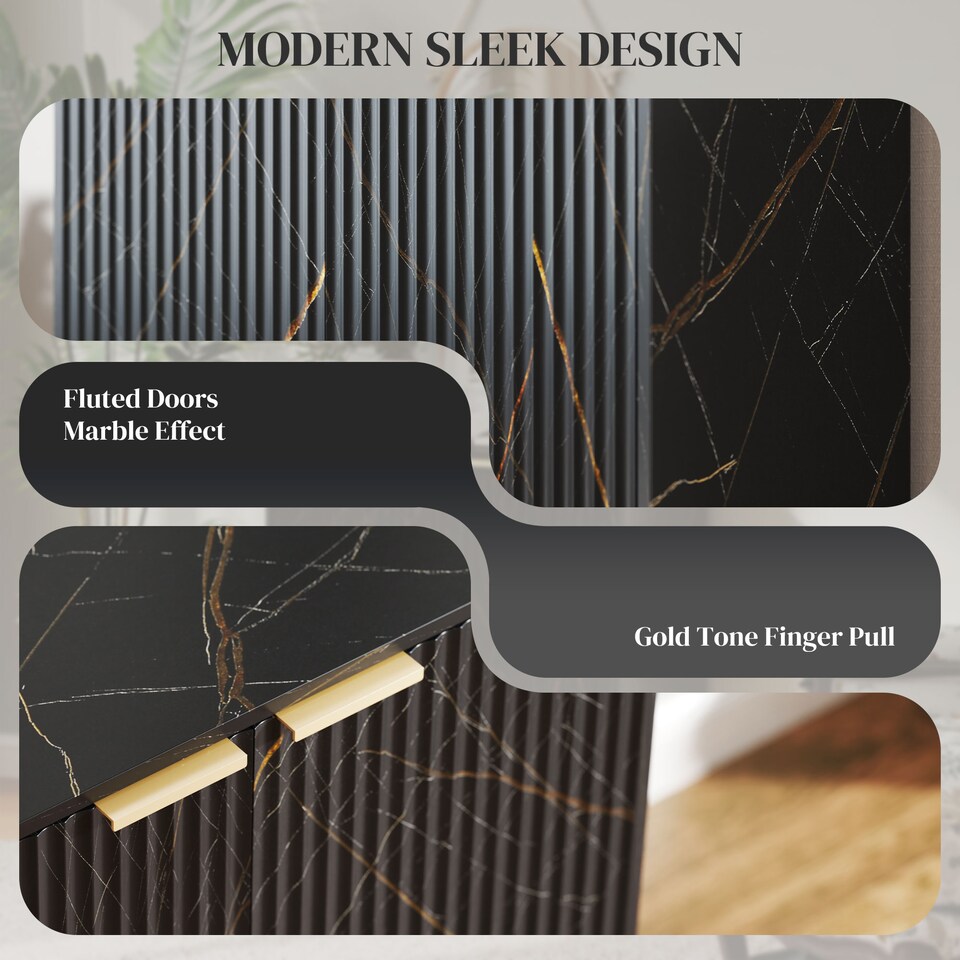 image 1 of HOMCOM Sideboard Storage Cabinet, Marble Effect Buffet Cabinet with 2 Fluted Doors and Adjustable Shelves, Coffee Bar Cabinet with Metal Legs for Living Room, Black | Black | Black