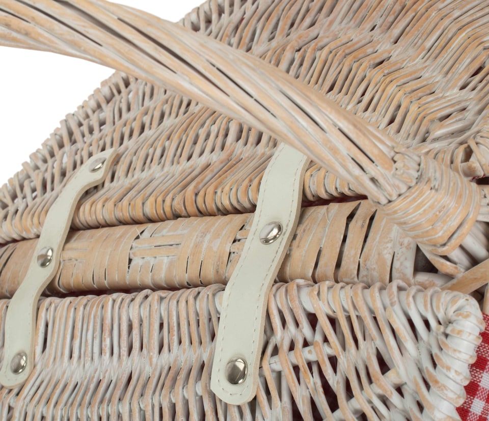 image 1 of Red Checked Lining White Wash Finish Oval Wicker Picnic basket | Red | Red Checked