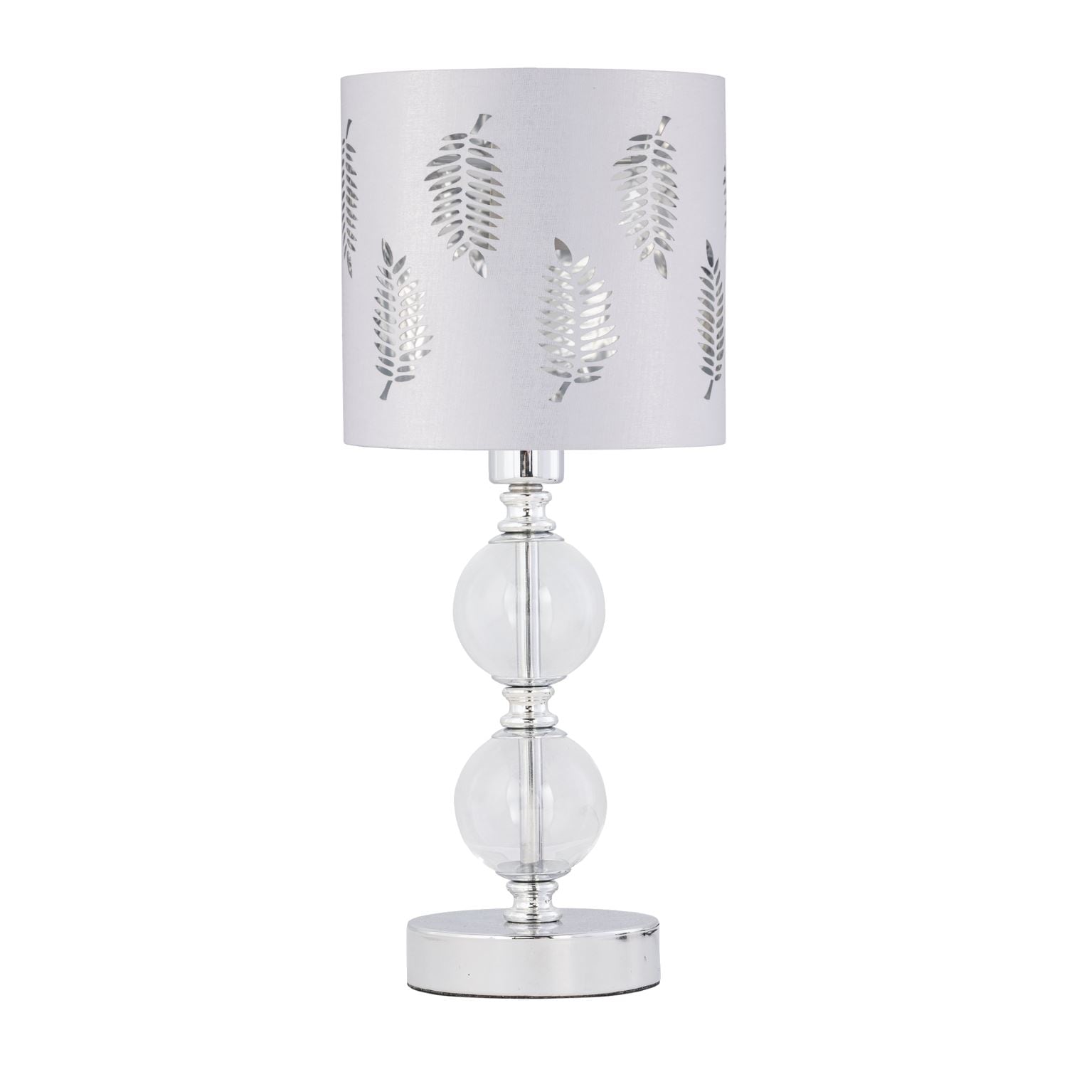 First Choice Lighting Chrome Two Ball Table Lamp with White Fern Shade in Silver