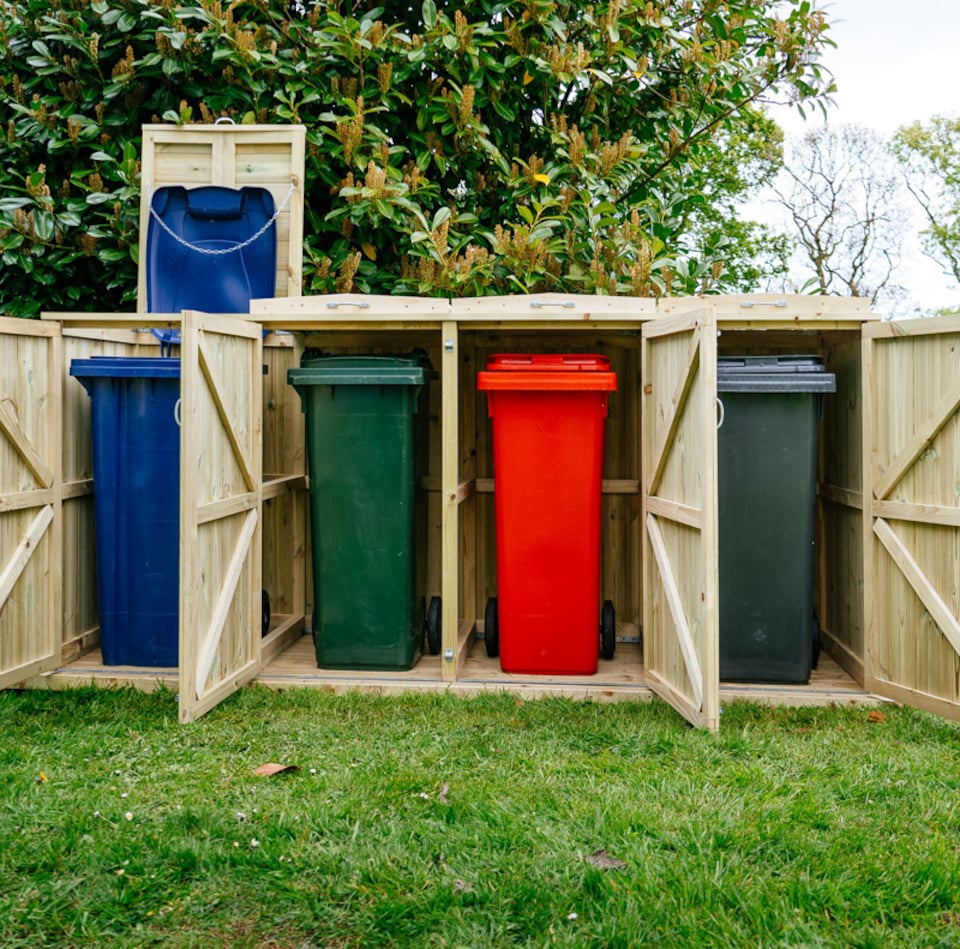 image 1 of Shireburn Quad Wheelie Bin Store - L80.4 x W250.5 x H120 cm - Fits 1 x 180L or 240L & 3 x 140L Wheelie Bins