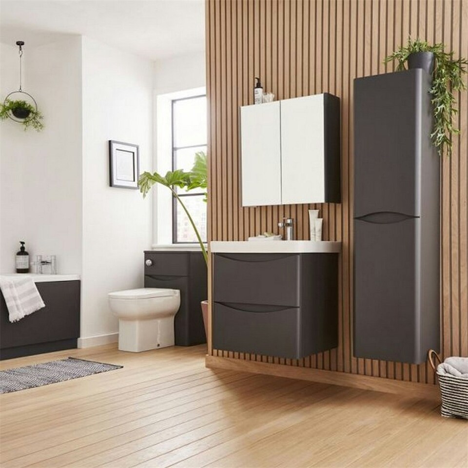 image 1 of Bathroom Floor Standing 2-Drawer Vanity Unit with Basin 800mm Wide - Matt Graphite - (Arch) - Brassware Not Included Grey